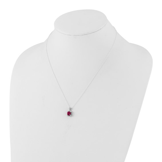 Sterling Silver Polished Cushion Created Ruby & CZ Necklace