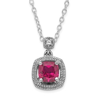 Sterling Silver Polished Cushion Created Ruby & CZ Necklace