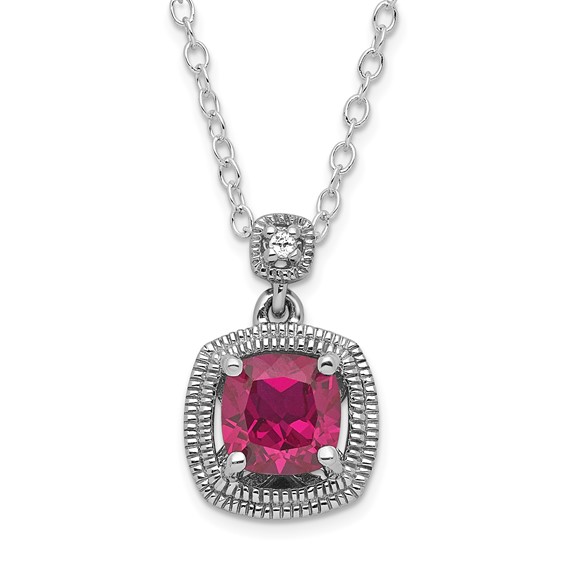 Sterling Silver Polished Cushion Created Ruby & CZ Necklace