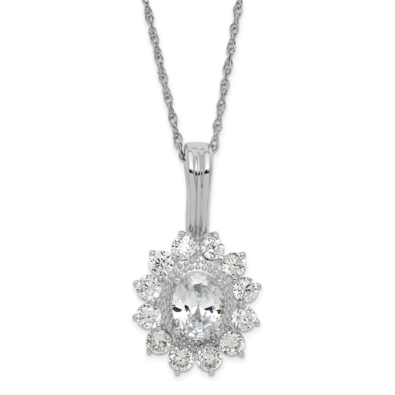SS 8X6 White Topaz, 12- 3MM White Topaz Pendant Necklace