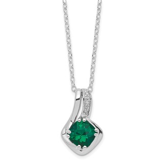 SS Cushion Checkerboard Created Emerald & Diamond Pend Necklace