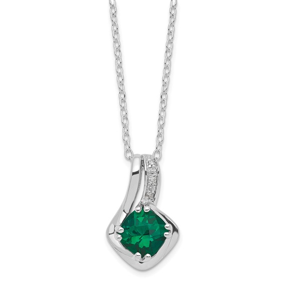 SS Cushion Checkerboard Created Emerald & Diamond Pend Necklace