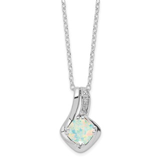 Sterling Silver Cushion Checkerboard Cab Created Opal & Diamond Necklace