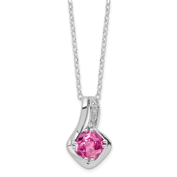 SS Cushion Checkerboard Created Pink Sapphire & Diamond Pend Necklace