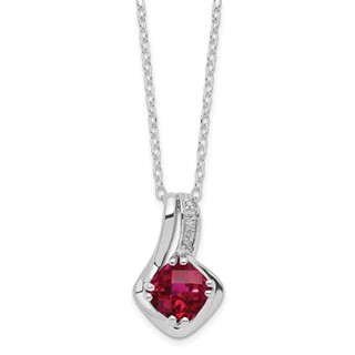 Sterling Silver Cushion Checkerboard Created Ruby & Diamond Necklace