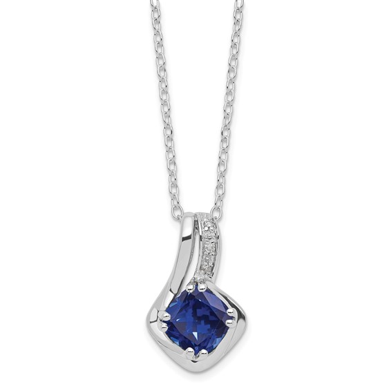 Sterling Silver Cushion Checkerboard Created Sapphire & Diamond Necklace