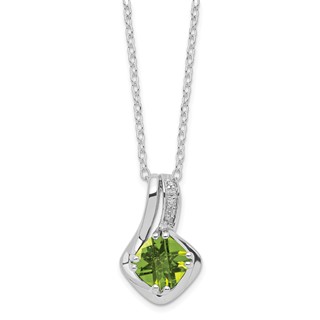 Sterling Silver Cushion Checkerboard Peridot & Diamond Pendant Necklace