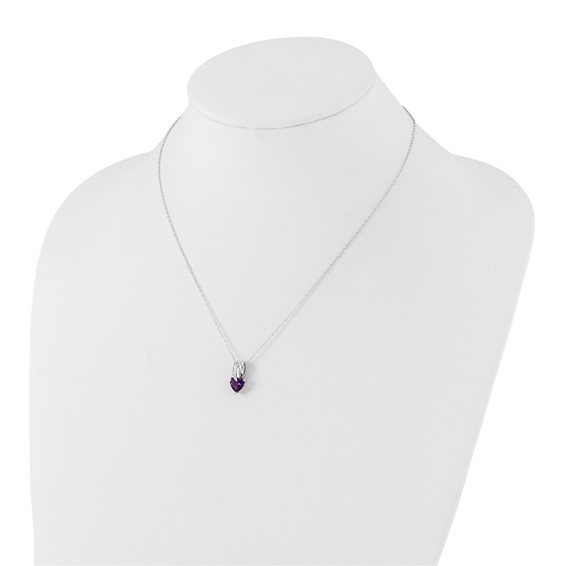 Sterling Silver Polished Amethyst & Diamond Heart Necklace