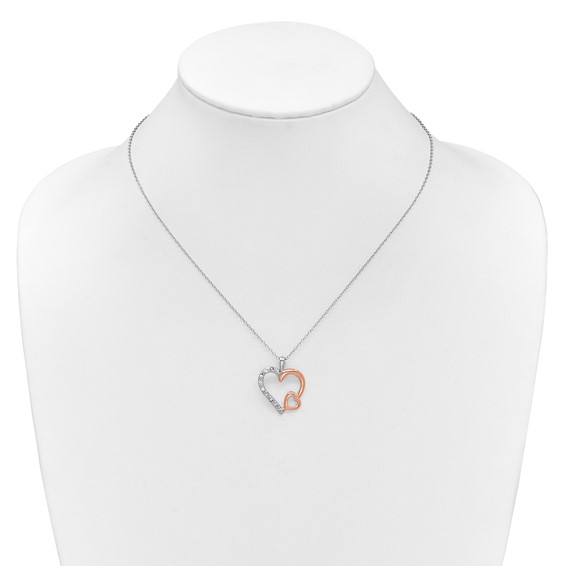 Sterling Silver and Rose Gold plated White Sapphire Heart Necklace 18"