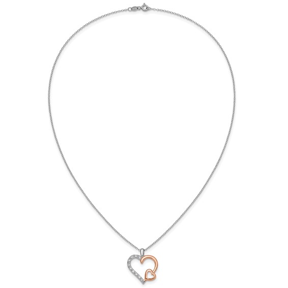 Sterling Silver and Rose Gold plated White Sapphire Heart Necklace 18"