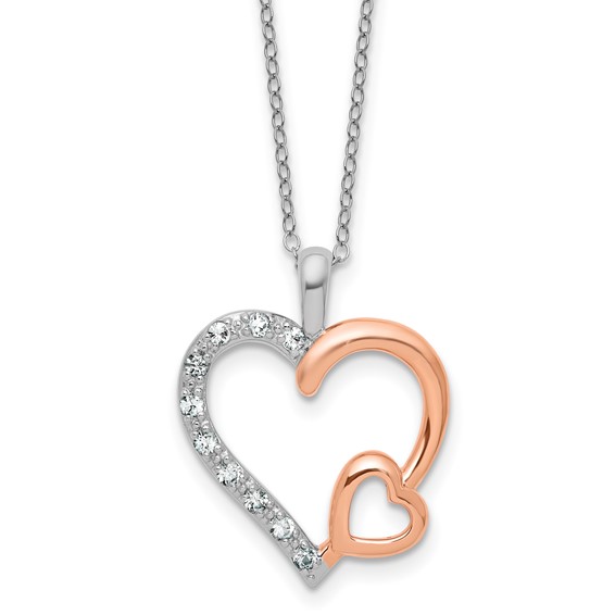 Sterling Silver and Rose Gold plated White Sapphire Heart Necklace 18"