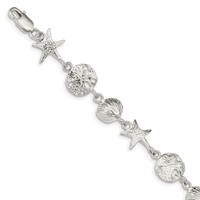 Sterling Silver Polished Seashells and Starfish Bracelet, 7" view 1