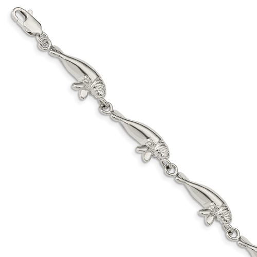 Sterling Silver Polished Manatees Bracelet, 7"