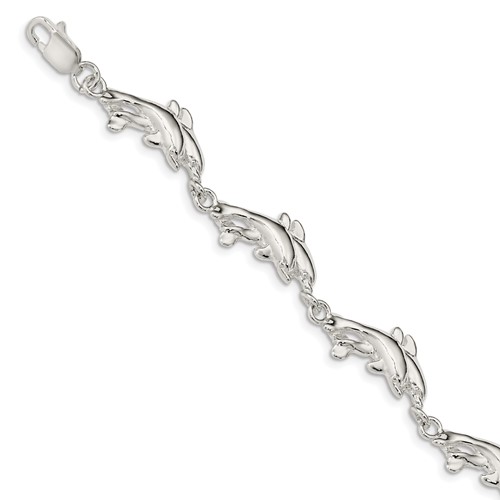 Sterling Silver Polished Dolphins Bracelet, 7"