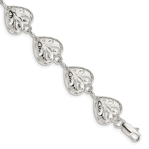 Sterling Silver Fancy Filigree Heart Bracelet, 7"