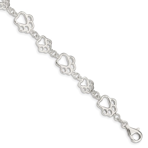 Sterling Silver Polished Paw Prints Bracelet, 7.5"