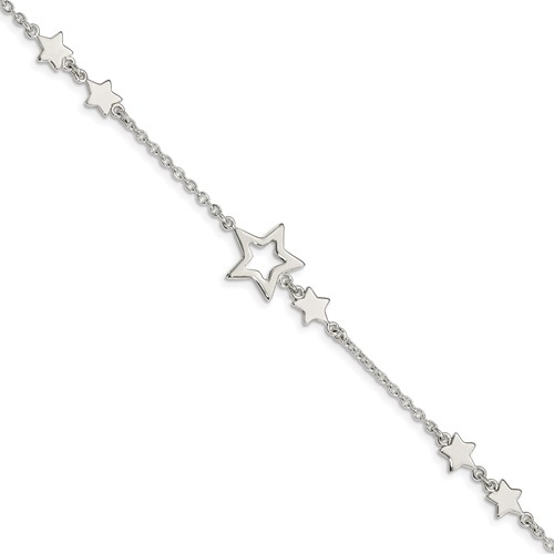 Sterling Silver Polished Stars Bracelet, 7.5"