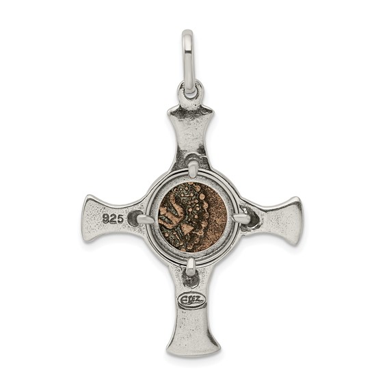 Ancient Coins Sterling Silver and Bronze Antiqued Widow's Mite Coin Cross Pendant with a Certificate of Authenticity
