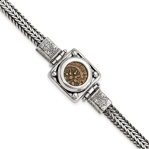 Ancient Coins Sterling Silver and Bronze Antiqued Widow's Mite Coin Fancy Lobster Clasp Bracelet with a Certificate of Authenticity, 7"