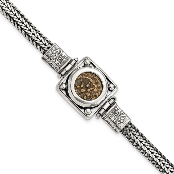 Ancient Coins Sterling Silver and Bronze Antiqued Widow's Mite Coin 7 inch Fancy Lobster Clasp Bracelet with a Certificate of Authenticity