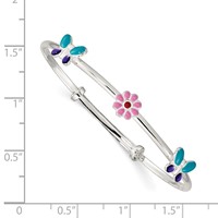 Sterling Silver Enameled Pink Red Flower and Blue Purple Butterfly Adjustable Small Bangle Bracelet view 3