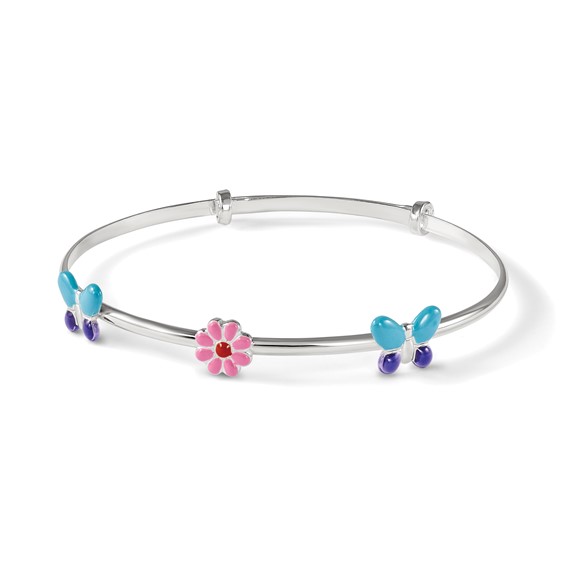 Sterling Silver Enameled Flower & Butterfly Adjustable Children's Bangle