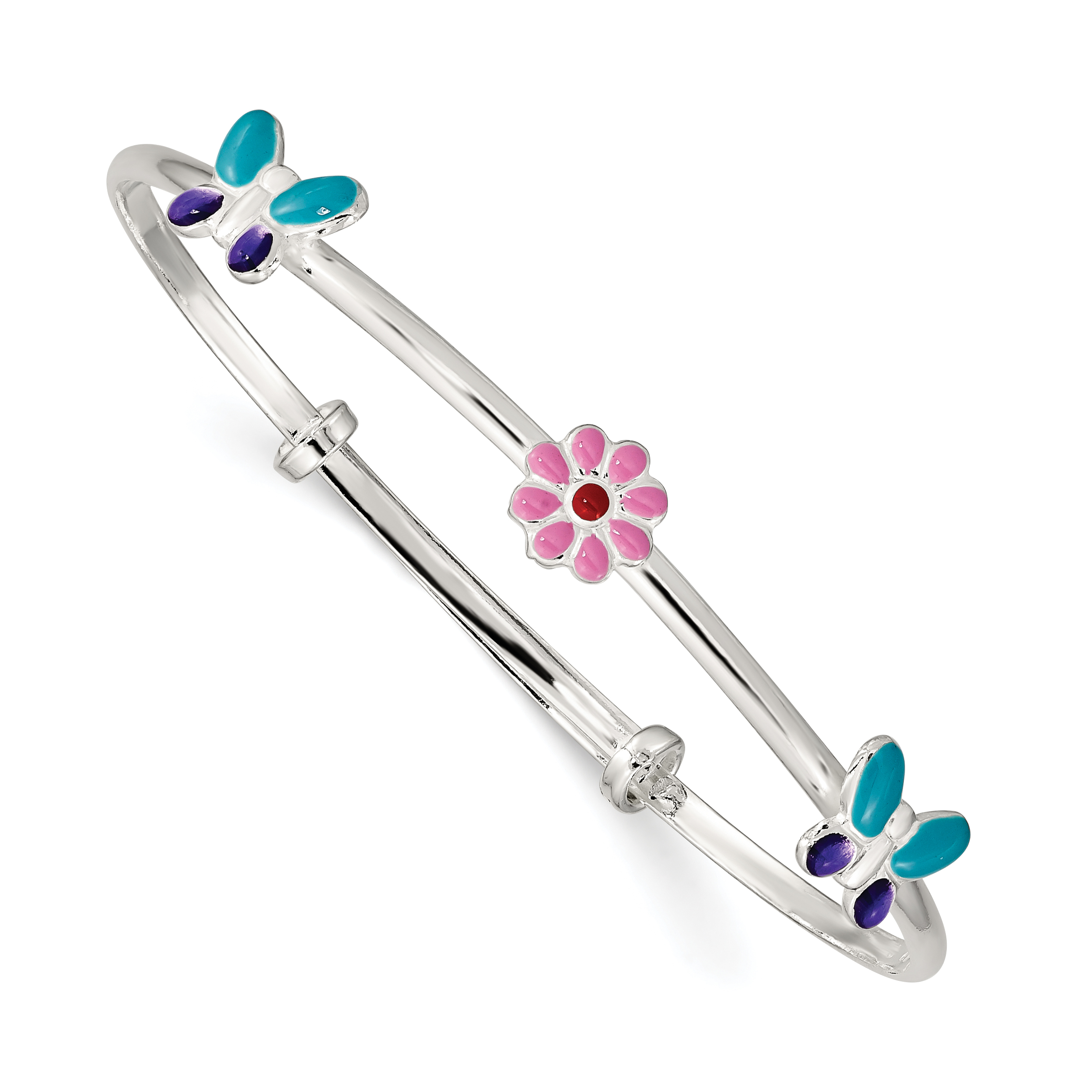 Sterling Silver Enameled Flower & Butterfly Adjustable Children's Bangle (QB1048)