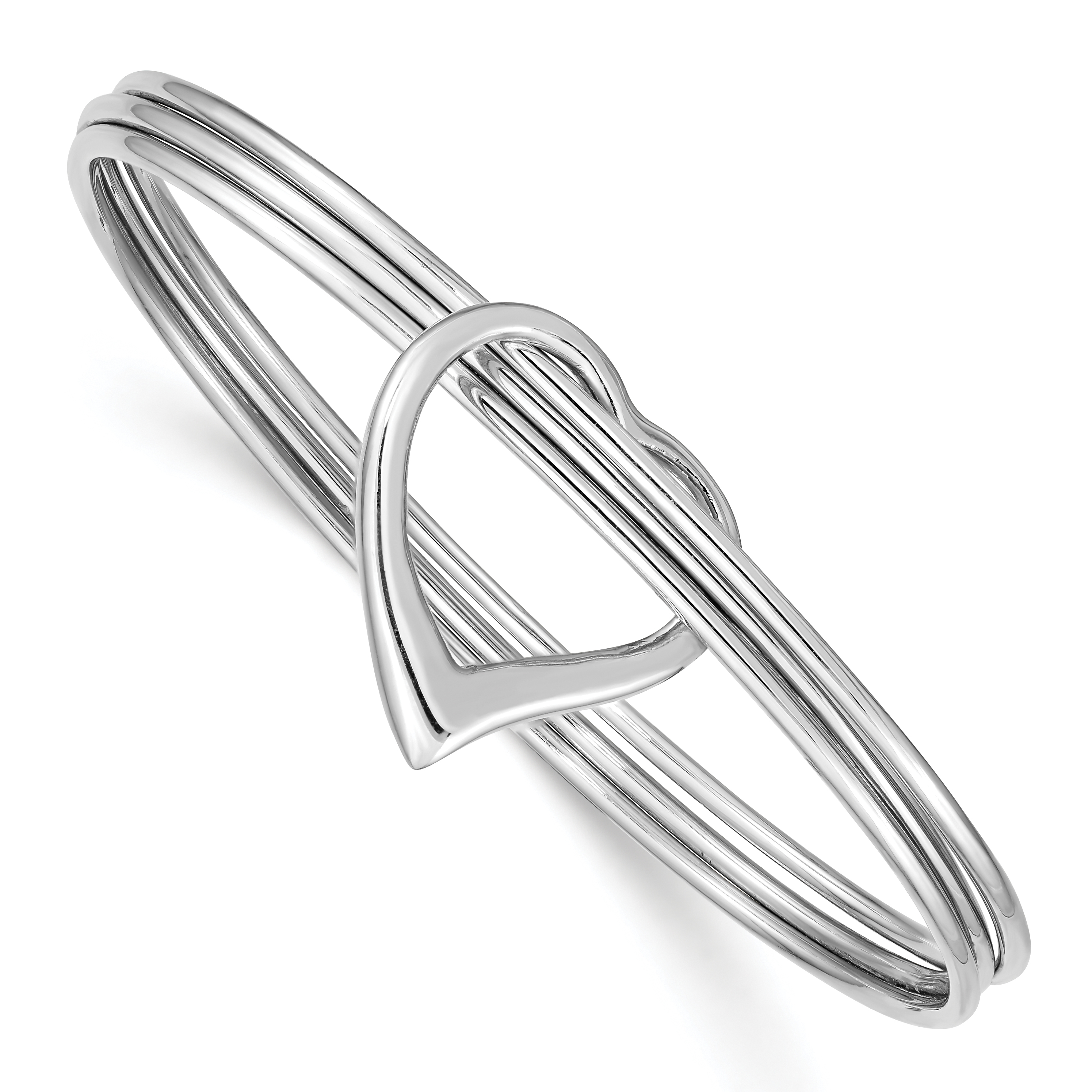 Sterling Silver Rhodium-plated Polished 3 Piece Heart Slip On Bangle (QB1076)