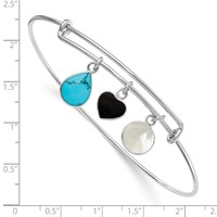 Sterling Silver Rhodium-plated Onyx Heart Synthetic Turquoise Mother of Pearl Charms Expandable Slip-on Bangle view 3