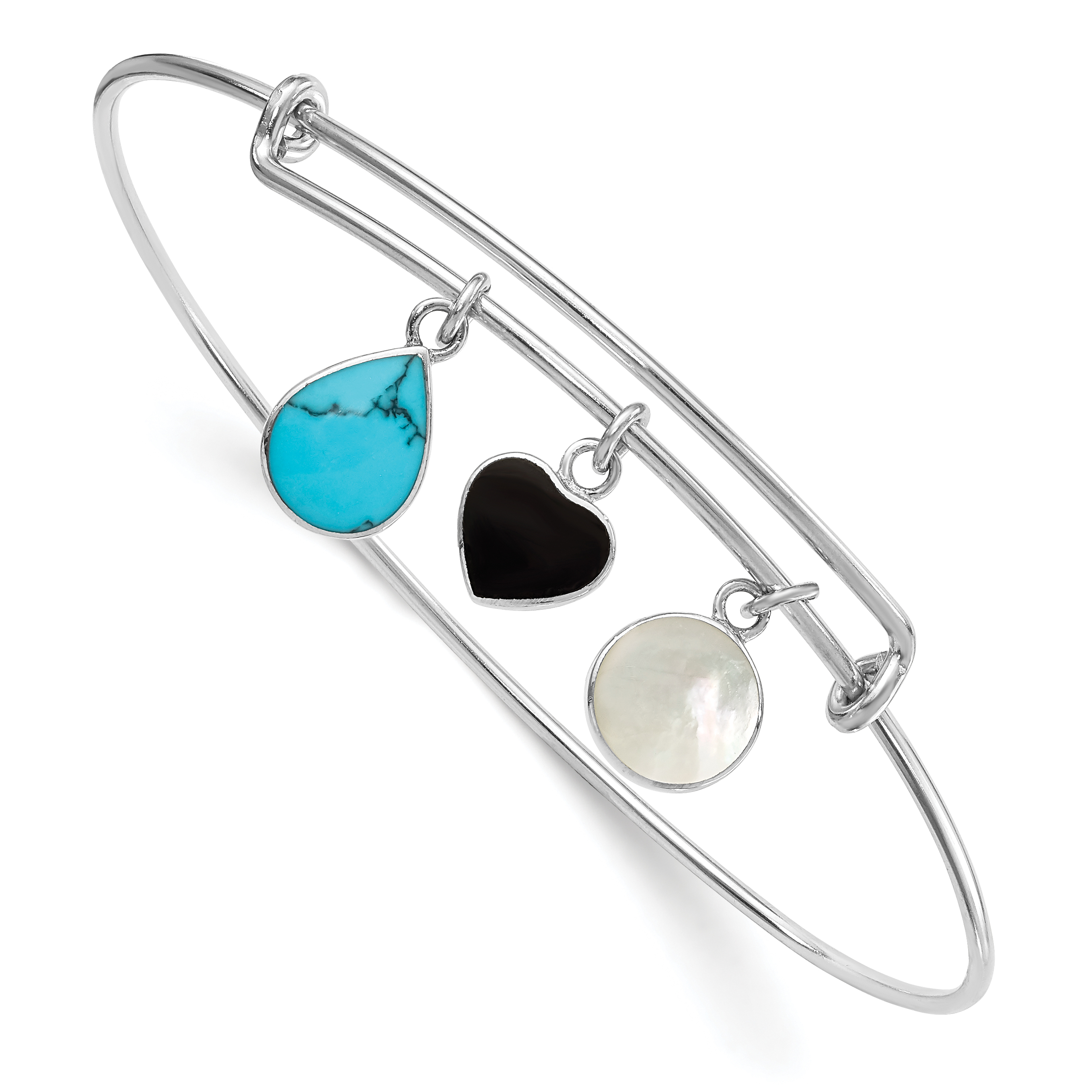 Sterling Silver Rhod-plate Onyx Syn. Turq. MOP Expandable Bangle (QB1110)