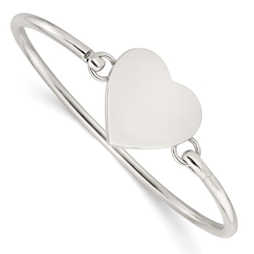 Sterling Silver Polished Engravable 26mm Heart Disc Hook Closure Bangle