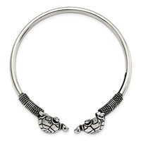 Sterling Silver Polished Antiqued Two Turtles Flexible Bangle view 2