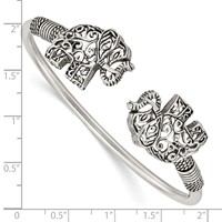 Sterling Silver Polished Antiqued Filigree Two Elephants Flexible Bangle view 3