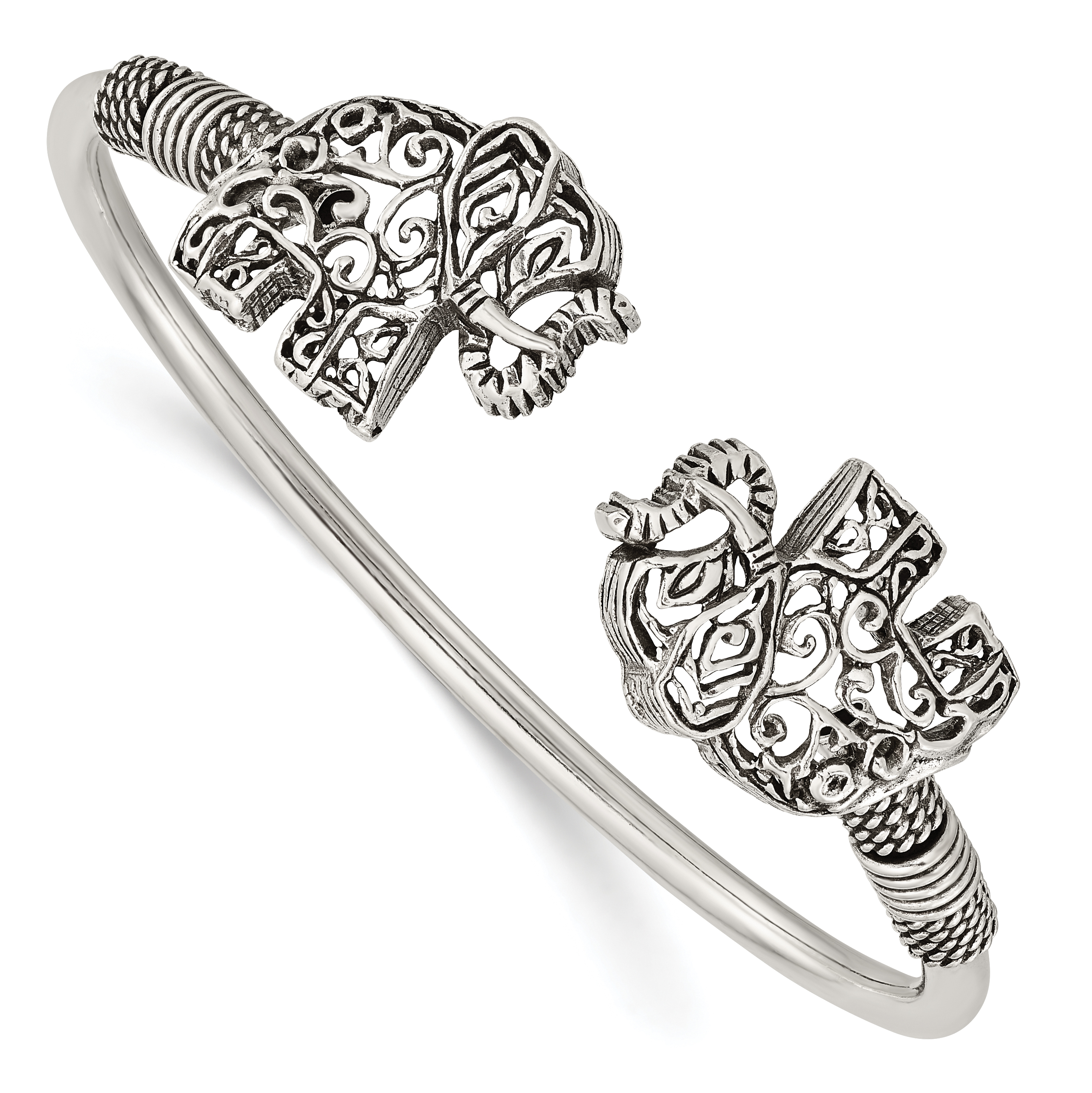 Sterling Silver Polished Antiqued Filigree Elephants Flexible Bangle (QB1159)