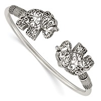 Sterling Silver Polished Antiqued Filigree Two Elephants Flexible Bangle view 1