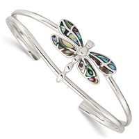 Sterling Silver Polished Abalone Dragonfly Cuff Bangle Bracelet view 1