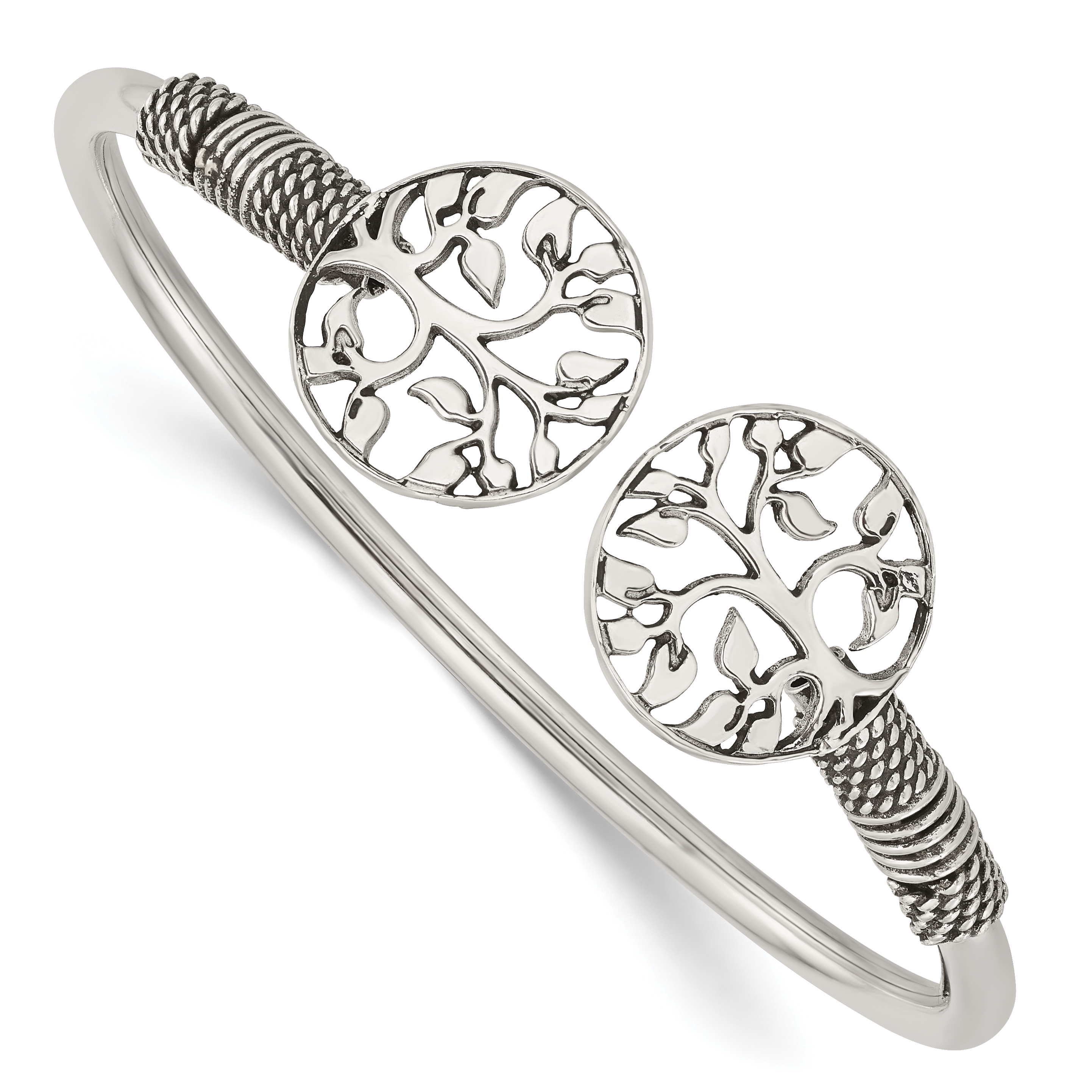 Sterling Silver Polished Tree Antiqued Flexible Bangle (QB1164)