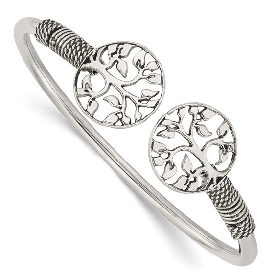 Sterling Silver Polished Tree Antiqued Flexible Bangle