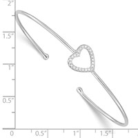 Sterling Silver Rhodium-plated Polished CZ Heart Cuff Bangle Bracelet view 3