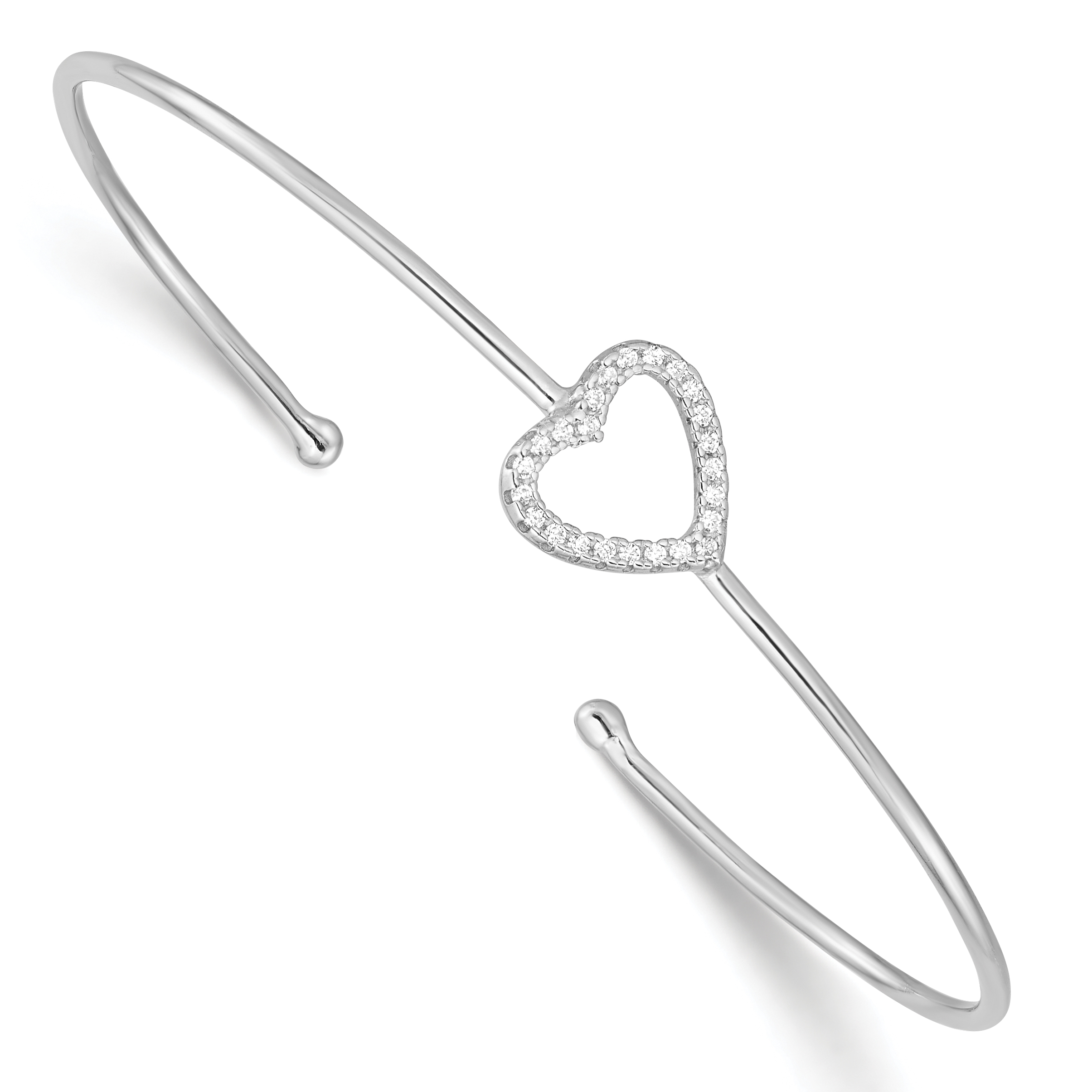 Sterling Silver Rhodium-plated CZ Heart Cuff Bangle Bracelet (QB1186)