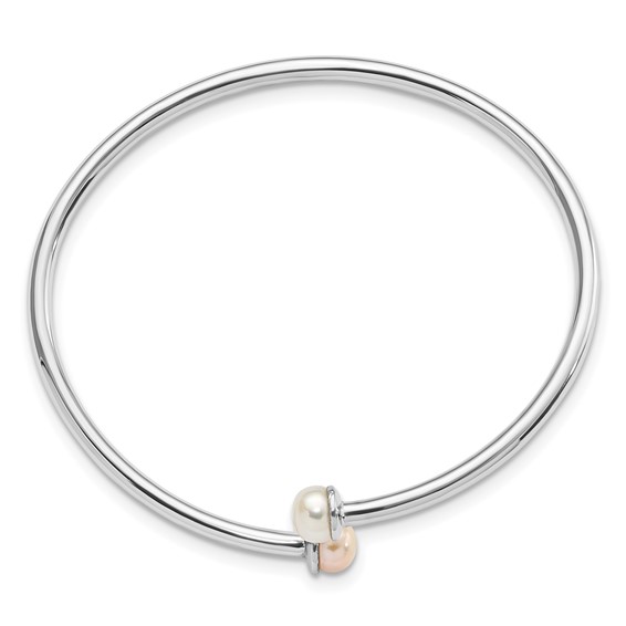 Sterling Silver Rhodium-plated 5-5.5mm Pink and White Button Freshwater Cultured Pearl Flexible Children's Bangle