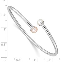 Sterling Silver Rhodium-plated 5-5.5mm Pink and White Button Freshwater Cultured Pearl Flexible Small Bangle Bracelet view 3
