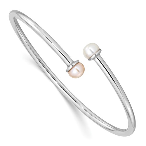 Sterling Silver Rhodium-plated 5-5.5mm Pink and White Button Freshwater Cultured Pearl Flexible Small Bangle Bracelet