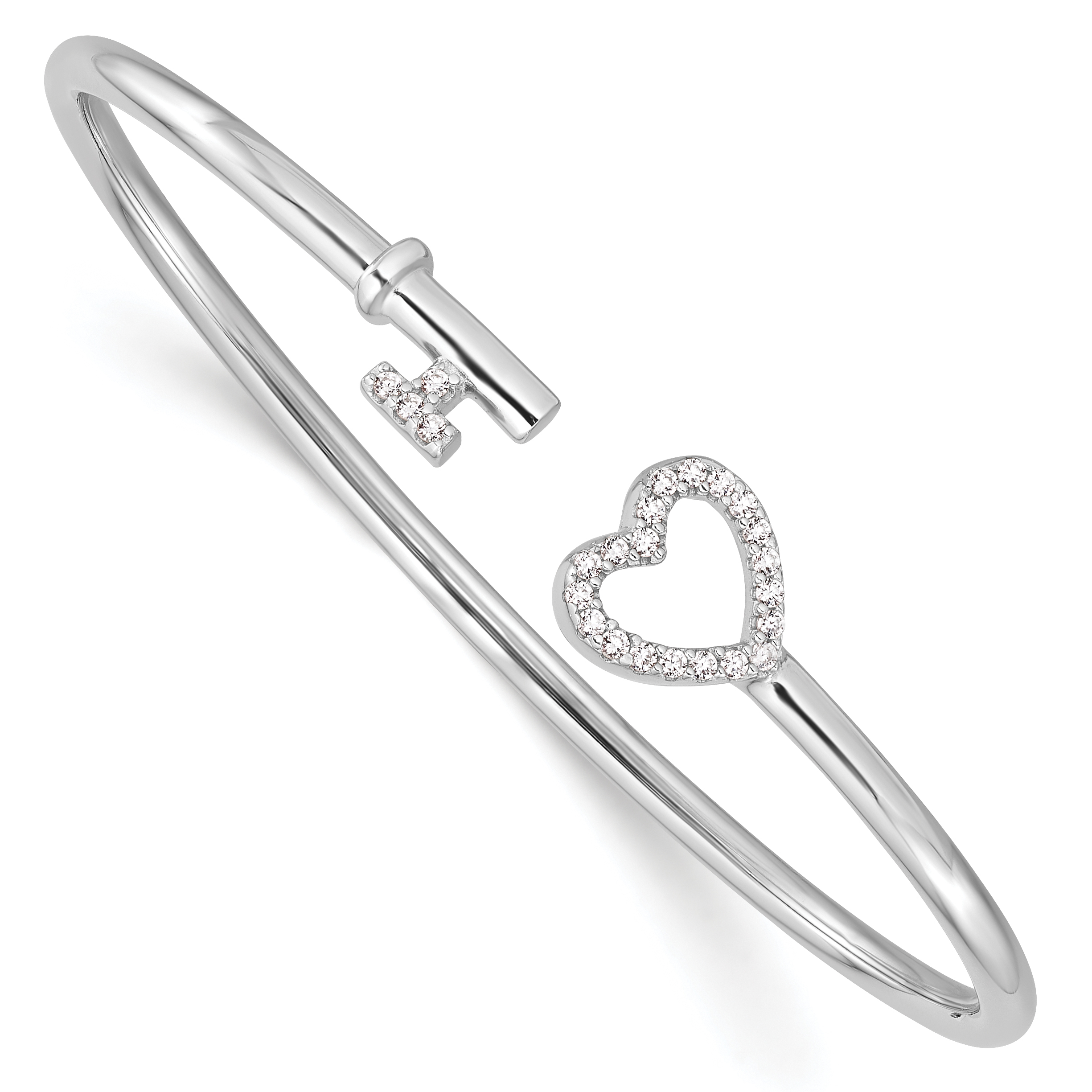 Sterling Silver Rhodium-plated CZ Heart and Key Flexible Bangle (QB1219)