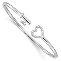 Sterling Silver Rhodium-plated CZ Heart and Key Flexible Bangle view 1