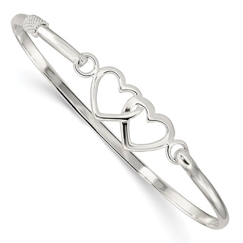 Sterling Silver Polished 2 Hearts Hook Closure Bangle
