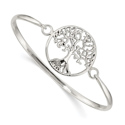 Sterling Silver Polished Tree of Life Hook Closure Bangle