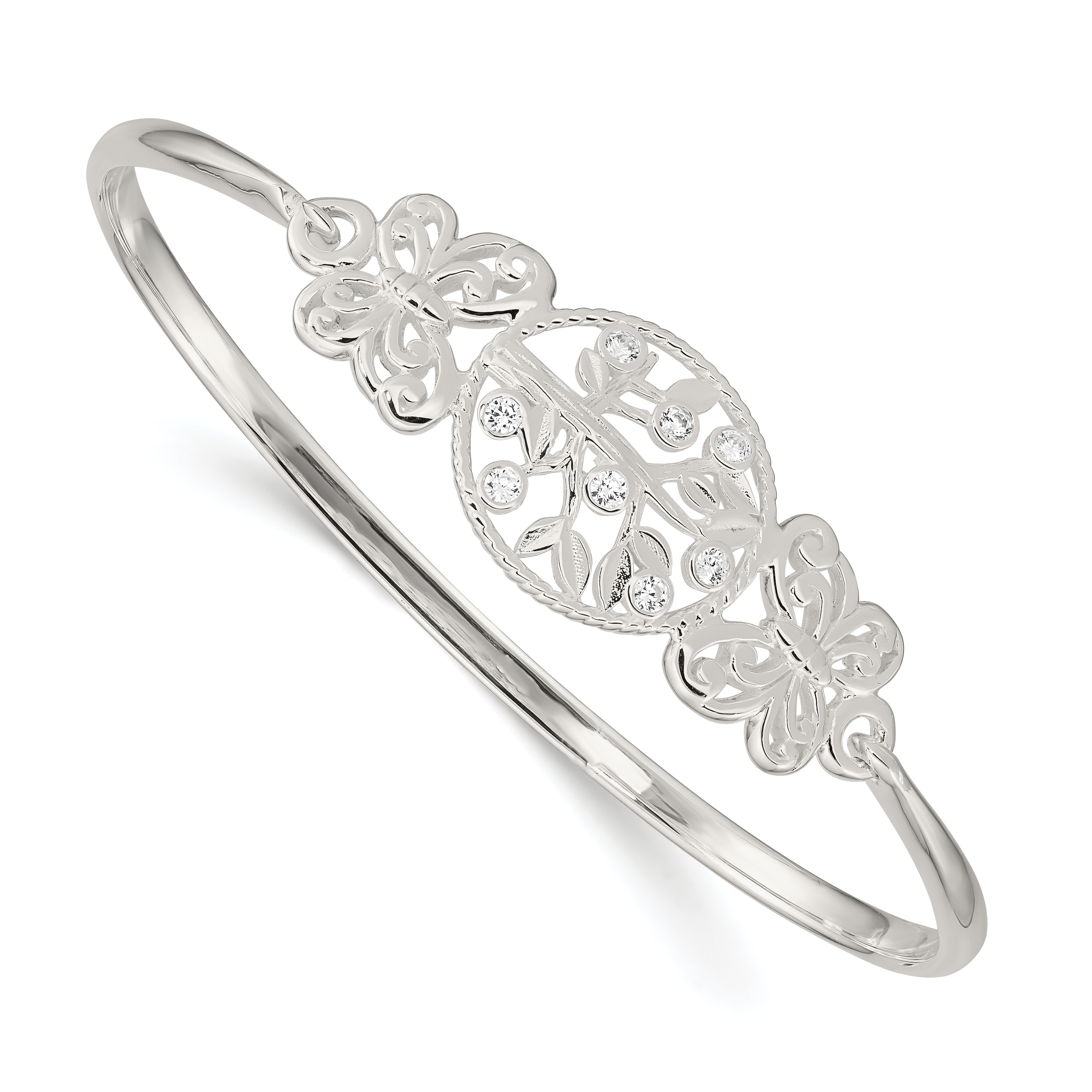 Sterling Silver Butterfly and CZ Tree Bangle (QB1298)
