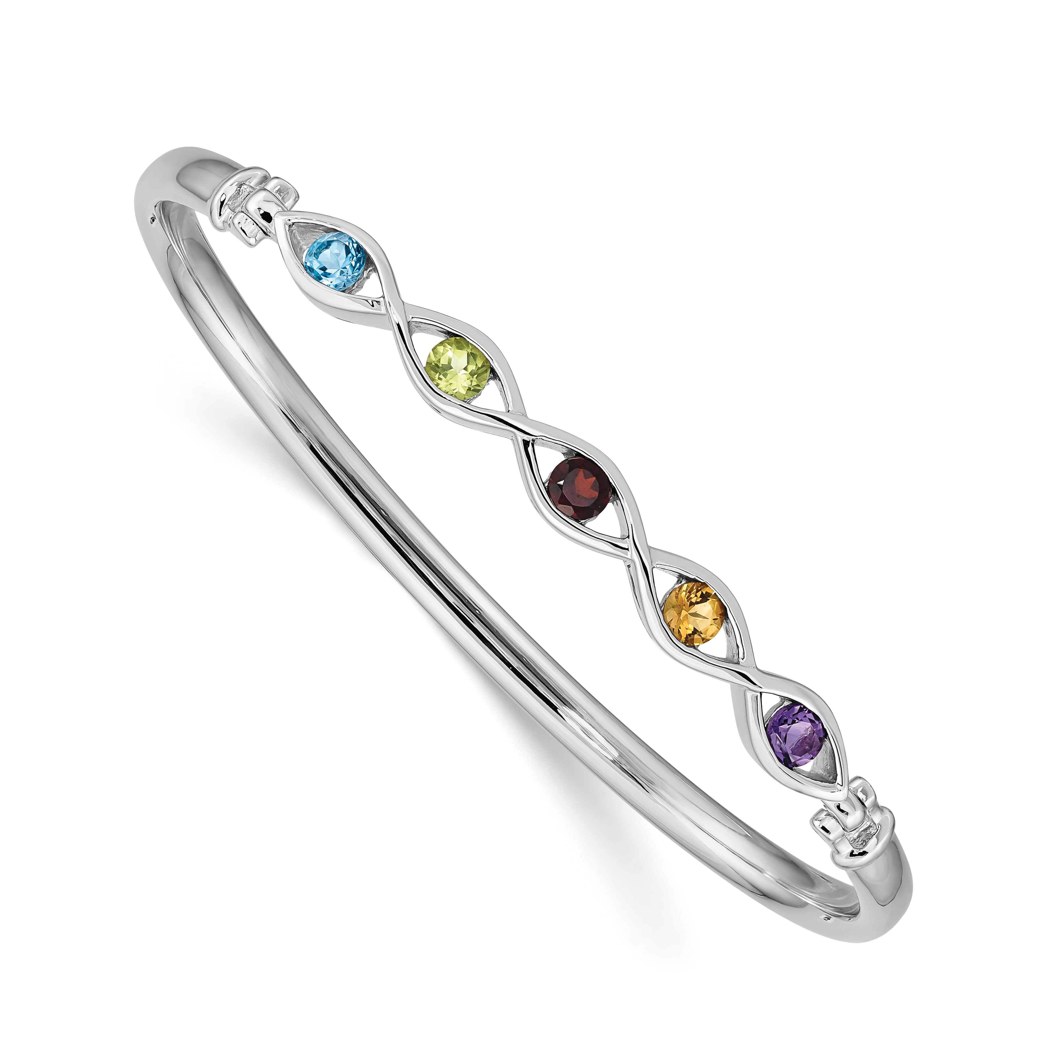 Sterling Silver Rhodium-plated Multi-gemstone Hinged Bangle (QB1302)