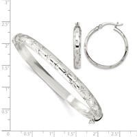 Sterling Silver Diamond-cut 6mm Hinged Bangle and 4x 25mm Hoop Earring Set view 4